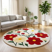 Alfombra Redonda Floral, Alfombra de Lana con Diseño de Flores Rojas y Blancas, Alfombra Circular Botánica para Decoración de Sala de Estar, Dormitorio, Estilo Rústico