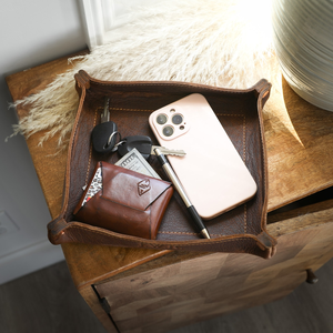 Brown Leather Valet <b>Tray</b> with Snap Fasteners Foldable Square <b>Desk</b> <b>Organizer</b> Catchall <b>Tray</b> for Keys Wallet Coins and Home Office - Product Image 3