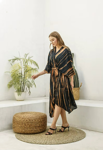 Handmade Boho Style Tie <b>Dye</b> Silk Kimono Maxi Dress Floral Long Sleeves Floor-Length Wrap for Summer Vacation Beach Cover Dress - Product Image 4