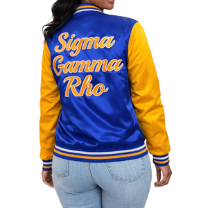 Sigma Gamma Rho Bomber Jacket Women Blue Gold Embroidery Zip Up Varsity Jacket Casual Stylish Fit - Product Image 2