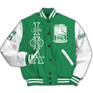 Veste universitaire personnalisée pour femmes Iota Phi Lambda, corps vert émeraude, manches blanches, lettres, écusson, numéro, année, veste bomber - Product Image 5