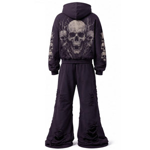 Ensemble de survêtement unisexe imprimé crâne gothique, sweat à capuche zippé à manches longues et pantalon déchiré, coupe ample, pour l'automne - Product Image 3