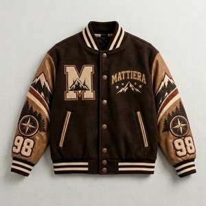Blouson universitaire marron pour homme avec manches en cuir crème, motif montagne brodé, fermeture à boutons-pression, style streetwear côtelé - Product Image 5