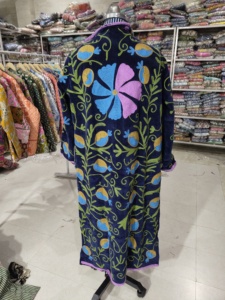 <b>Women</b> Long Velour <b>Robe</b> Full Length Mandarin Collar Hand Embroidered Floral Pattern Zipper Closure Winter Cozy Soft Outerwear - Product Image 6