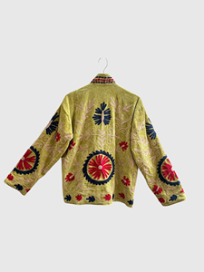 Green <b>Velvet</b> Embroidered Eye Pattern Mandarin Collar Jacket Full Sleeve Geometric Design Hand Embroidery Adult Autumn Wear - Product Image 2