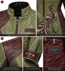 <b>Women</b> Olive Green Real Cowhide Biker <b>Jacket</b> Printed Peacock Graphic Studded Maroon Trim Stand Collar Outerwear Coat Wholesale - Product Image 6