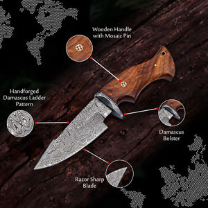 Couteau artisanal en acier Damas à lame pointue avec manche en bois et étui en cuir pour la chasse - Product Image 4