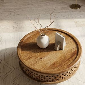 Mesa de Centro Redonda de Madera de Mango Maciza con Almacenamiento, Diseño Tallado, Muebles Modernos y Tradicionales para Sala de Estar - Product Image 2