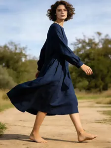 Women Plain Navy Blue <b>Boho</b> Maxi <b>Dress</b> <b>Long</b> Sleeve Loose Oversized Casual Cotton Linen Style <b>Dress</b> - Product Image 3