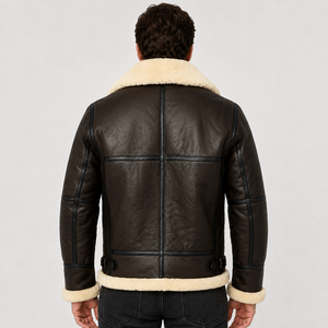 <b>Men</b>’s Classic Shearling Leather Motorcycle <b>Jacket</b> with Fur Trim, Buckle Straps and Vintage Aviator Design - Product Image 4