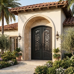 Puerta doble de entrada de hierro forjado moderna, resistente al óxido y elegante, con un diseño arqueado y motivos de volutas. - Product Image 5
