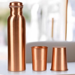 Handcrafted Indian 3-Piece Pure Copper Water <b>Bottle</b> Gift Set Smooth <b>Brushed</b> Surface Ayurvedic Tumbler Combo - Product Image 3