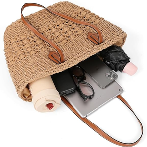 Women’s Large Straw Rattan Woven Tote Bag, Handmade Shoulder <b>Handbag</b> with Top Handle, <b>Summer</b> Beach Travel Purse - Product Image 5