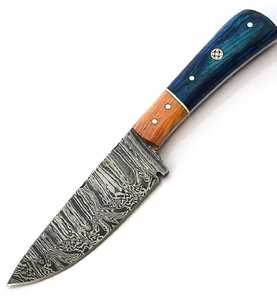 Couteau utilitaire artisanal en acier Damas avec manche bicolore bleu et bois naturel, personnalisable OEM - Product Image 2