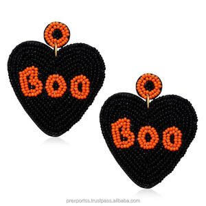 Pendientes de Aro con Cuentas Heart Boo, Plateados, Estilo Étnico, Joyería de Halloween, Cuentas de Colores Negro y Naranja, Unisex, para Fiestas de Disfraces - Product Image 1