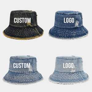 Chapeau Bob en Jean Unisexe avec Logo Personnalisé, Design Déchiré, Décontracté, Printemps-Été, Adulte, 56-58CM - Product Image 1