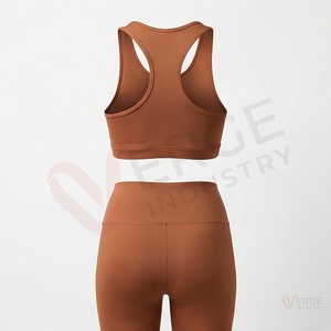 Ensemble de yoga 2 pièces marron uni pour femme avec fermeture éclair sur le devant, haut court dos nageur sans couture taille haute et leggings - Product Image 2