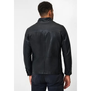 Veste Homme Slim Fit 100% Cuir de Mouton Véritable, Style Motard Vintage, Cuir Ciré Grainé, Col Montant, Quatre Poches - Product Image 4