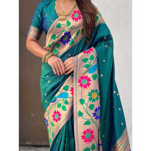 ผ้าไหมพายทานีสีเขียวทอลายซารี พร้อมขอบใหญ่ เสื้อผ้าอินเดียและปากีสถาน - Product Image 3