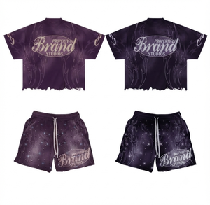 Ensemble T-shirt et short pour homme Brand Studios, style streetwear délavé à l'acide, imprimé numérique, col rond, tenue d'été, marron noir - Product Image 2