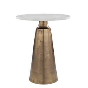 Modern White Marble Tray Top Drink <b>Table</b> | <b>Slim</b> Brushed Brass Stem Solid Marble Block Base Accent Stand - Product Image 6