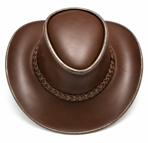 Chapeau de cowboy en cuir marron de qualité supérieure avec bordure métallique et bande tressée, idéal pour l'équitation, le ranch et les activités de plein air - Product Image 1