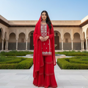 Ensemble Sharara en Georgette Rouge avec Broderie Argentée, Tenue de Mariée Bollywood, 3 Pièces, Création de Designer, Vêtement Ethnique Musulman pour Mariages et Fêtes, Sur Mesure - Product Image 1