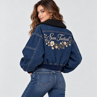 Veste en jean pour femme Sam Tactical avec broderie florale, col en fourrure, manches bouffantes, fermeture éclair, style trucker, prix abordable, personnalisation OEM