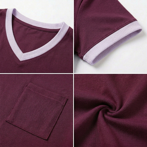 T-shirt violet à manches courtes et col en v pour femmes, avec poche, haut décontracté en jersey de coton, vêtements de printemps et d'été - Product Image 6