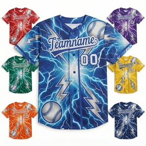 Blue Lightning Baseball Jersey Custom Team Uniform Short Sleeve <b>Button</b> Front Sports Shirt for Adult Players - Product Image 3