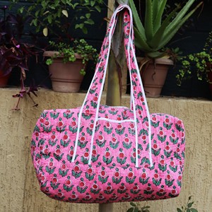 Pink Floral Cotton <b>Duffel</b> <b>Bag</b> Large Capacity Weekender Travel <b>Bag</b> Handmade with White Trim <b>Duffel</b> Casual Outdoor Storage - Product Image 3