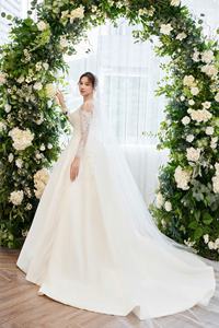 Vestido de novia de satén de alta calidad OEM TNBP No14, vestido de baile de encaje de lujo con cuello en V, manga larga, sencillo, modesto, estilo Vintage, estampado sólido - Product Image 5