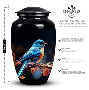 Urne funéraire en aluminium blanc, très vendue, avec motif de cardinal rouge et de fleurs bleues, pour cendres humaines, grande urne commémorative pour adultes. - Product Image 5