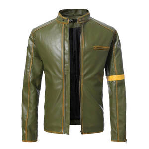 Blouson moto homme en cuir PU vert olive, col montant, fermeture éclair, manches classiques, coupe ajustée, style automne - Product Image 1