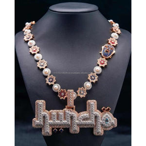 Pendentif de luxe en calligraphie arabe, Moissanite, Argent sterling 925, Plaqué or rose et rhodium, Certifié GIA, Style Hip Hop Bling Statement - Product Image 1