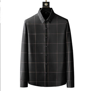 Chemise habillée noire à carreaux pour homme, manches longues, col rabattu, en coton tissé, boutonnée, pour le bureau et les occasions formelles, automne - Product Image 1