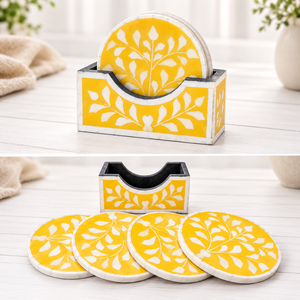 REHMAN CRAFT Handmade Modern Yellow Bone Inlay Round <b>Coaster</b> <b>Set</b> with Holder 10 CM Diameter From Uttar Pradesh - Product Image 6