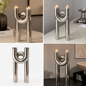 Porte-bougie moderne en métal à double tube, support de bougie conique de luxe contemporain, centre de table décoratif - Product Image 3