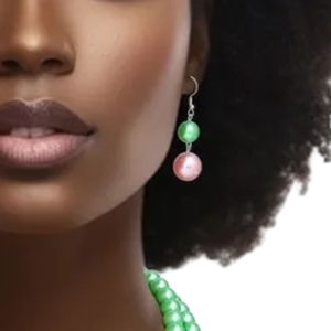 Ensemble collier et boucles d'oreilles en perles roses et vertes pour femme, bijoux fantaisie à grosses perles, collier tendance, accessoire de fête, cadeau - Product Image 2
