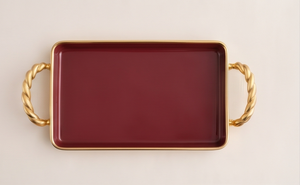 Luxury Maroon Enamel Metal Serving <b>Tray</b> Rectangular Twisted Rope <b>Gold</b> Handles Decorative <b>Coffee</b> <b>Table</b> Vanity Perfume Platter - Product Image 2