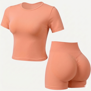 High quality compression Womens <b>peach</b> yoga Set Short Sleeve Fitness <b>Top</b> quick dry High Waist Scrunch Shorts Gym Sportswear - Product Image 1