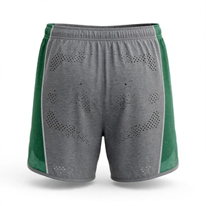 Shorts de sport décontractés pour homme en tissu peigné gris-vert avec logo personnalisé, taille élastique respirante, couleur unie et bande latérale - Product Image 2