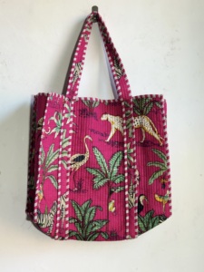 Bolsa de Mano de Algodón con Estampado Tropical Rosa, Estilo Bohemio, Abierta, para Todas las Temporadas, Bolsa de Compras - Product Image 1