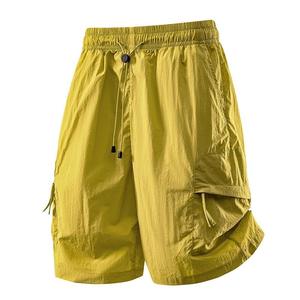 Shorts cargo homme couleur moutarde, séchage rapide, taille à cordon, décontractés, style bermuda, avec poches, couleur unie, en polyester tissé - Product Image 5