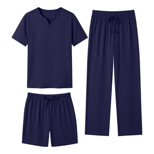 Conjunto de camiseta y pantalones cortos casuales de verano para hombre, cuello en V, color sólido, tejido de algodón y spandex, transpirable. - Product Image 2