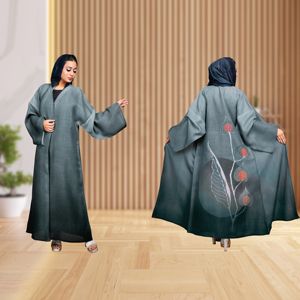 Abaya de Lino con Estampado Floral Artístico Digital, Diseño Holgado en la Espalda, Pañuelo a Juego, Elegante y Modesto, Largo hasta el Suelo, para Oración en Ramadán - Product Image 3