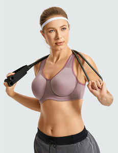 Women's Solid Color V-Neck Racerback Sports <b>Bra</b> High Support Breathable Lightweight Seamless Fitness Top Front Gray Pink Trim - Product Image 1