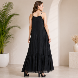 Elegante Vestido Maxi de Georgette a Rayas Negras con Tirantes Finos, Dobladillo en Capas Suelto y Capa Transparente, Ideal para Fiestas y Verano Casual para Mujer - Product Image 5
