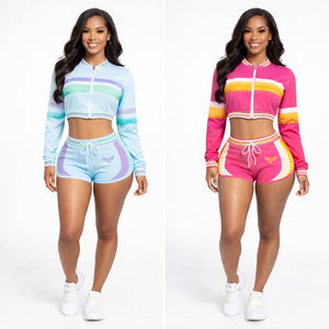 Conjunto deportivo sexy para mujer, top corto y pantalones cortos, conjunto de entrenamiento atlético, chaqueta con cremallera de manga larga y pantalones cortos de cintura alta. - Product Image 4