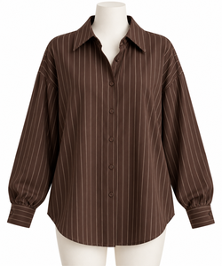 Camisa de Mujer, Color Marrón, con Botones, Manga Larga, Cuello Clásico, Estilo Vintage, 100% Seda, para Oficina, Negocios o Uso Casual - Product Image 1